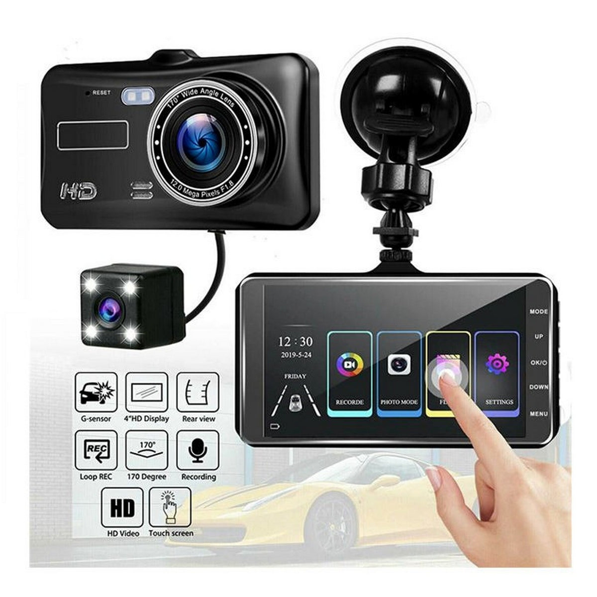 Cámara de Tablero con Doble Lente y Pantalla de 4" - Grabación en 1080P